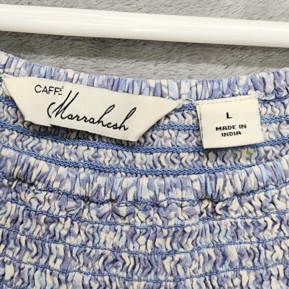 Caffe Marrakesh Top Womens L Blue Floral Shirred Ruffled Short Sleeve Rayon - Picture 4 of 10